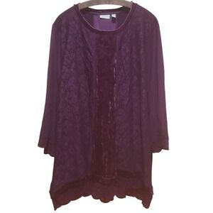 LOGO‎ Lavish Top Womens 3X Burgundy Lace Velvet Tunic Feminine Gothic Whimsigoth